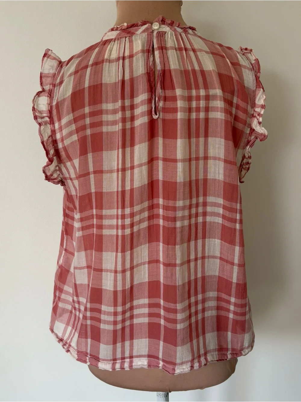 Anthropologie Isabella Sinclair Plaid Red Sheer Cotton Ruffle-Sleeve Top Sz M